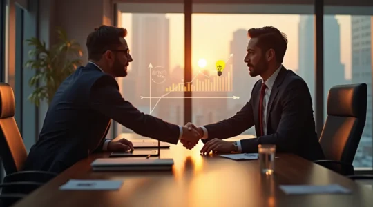 Illustration conceptuelle montrant un entrepreneur en conversation avec un investisseur, symbolisant l'art de convaincre et la relation fondamentale dans une levée de fonds