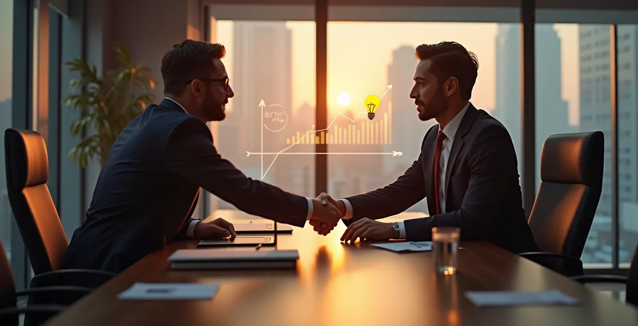Illustration conceptuelle montrant un entrepreneur en conversation avec un investisseur, symbolisant l'art de convaincre et la relation fondamentale dans une levée de fonds