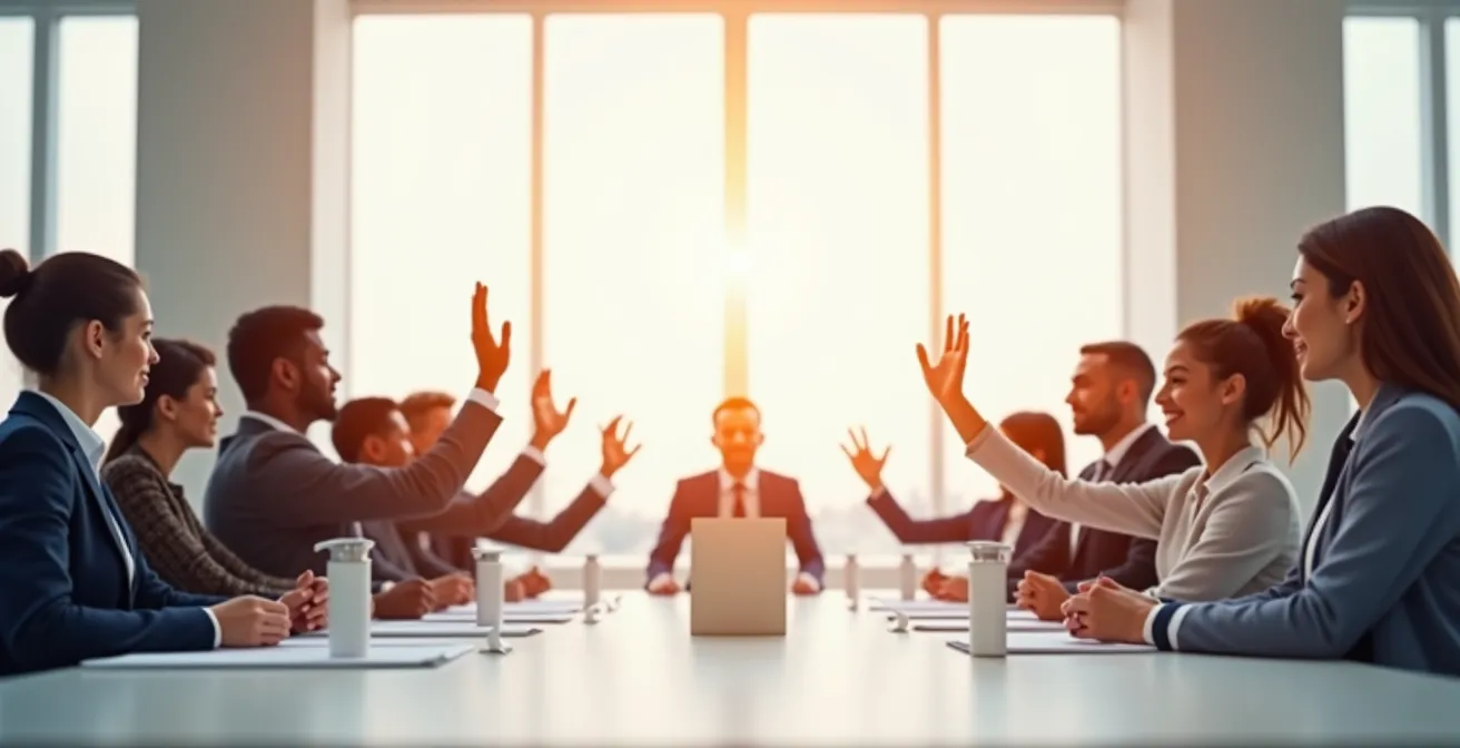 Illustration d'une assemblée générale de SARL avec associés votant, symboles de démocratie et décision collective