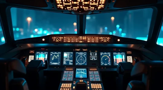 Illustration symbolique d'un business plan comme un cockpit de pilotage d'avion avec instruments de contrôle et tableaux de bord pour diriger une entreprise