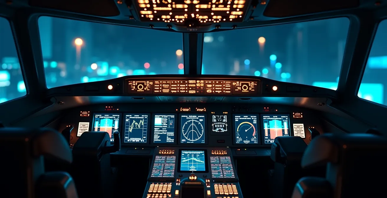 Illustration symbolique d'un business plan comme un cockpit de pilotage d'avion avec instruments de contrôle et tableaux de bord pour diriger une entreprise