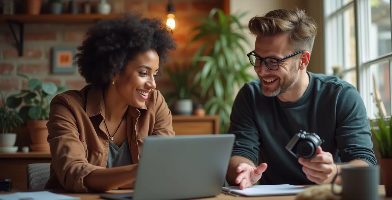 Deux personnes collaborant sur la création de contenu, symbole de partenariat authentique avec les micro-influenceurs