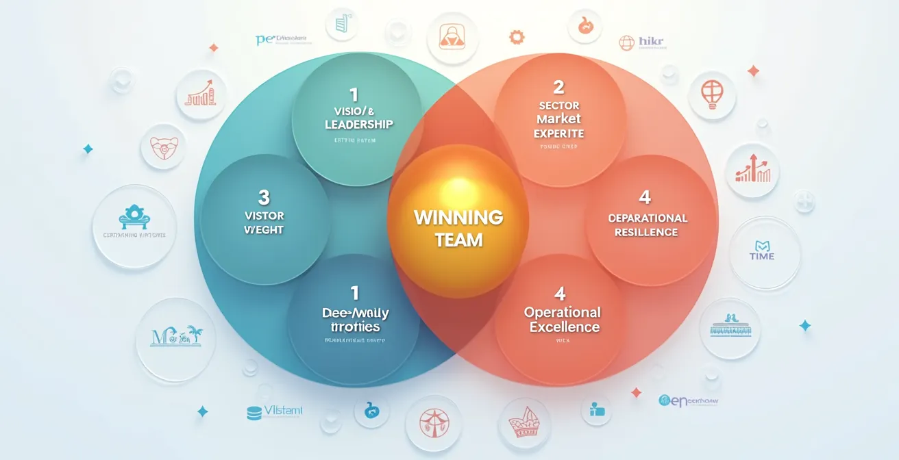 Diagramme visuel montrant les quatre composantes clés d'une équipe fondatrice idéale : Vision/Leadership, Expertise Métier, Excellence Opérationnelle, et Résilience, avec comment elles s'interconnectent