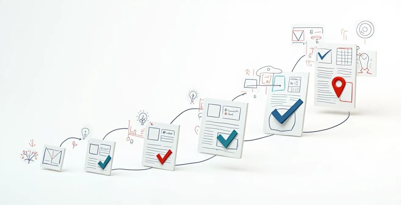 Représentation visuelle du processus de conception et validation d'un modèle économique, montrant la progression de l'idée vers un business model validé.