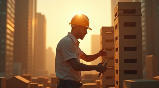 Représentation visuelle d'un fondateur construisant les fondations solides d'une entreprise rentable avec des briques symbolisant les éléments clés du modèle économique.