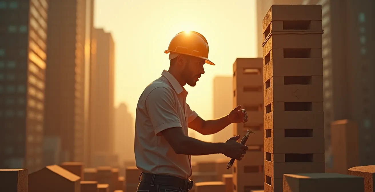 Représentation visuelle d'un fondateur construisant les fondations solides d'une entreprise rentable avec des briques symbolisant les éléments clés du modèle économique.