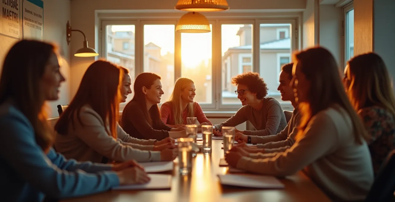 Équipe réunie autour de valeurs affichées, rituels collaboratifs visibles, symboles de culture d'entreprise intentionnelle et énergie collective