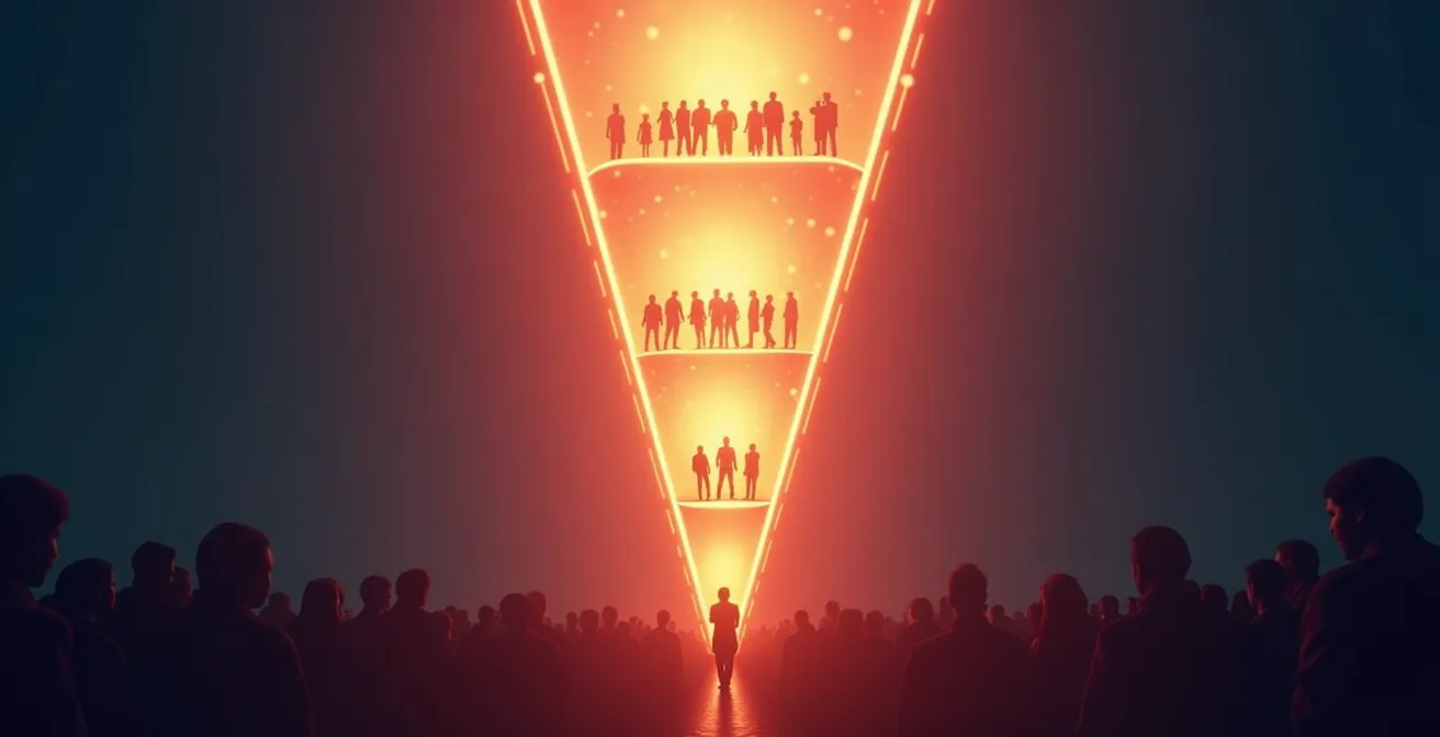Un entonnoir représentant les différentes étapes du parcours client avec des points d'engagement marqués à chaque niveau