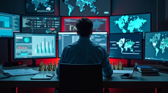 Illustration symbolisant l'étude de marché comme une opération d'espionnage stratégique avec analyse de données et renseignements concurrentiels