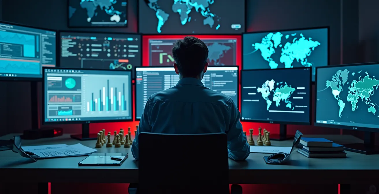 Illustration symbolisant l'étude de marché comme une opération d'espionnage stratégique avec analyse de données et renseignements concurrentiels