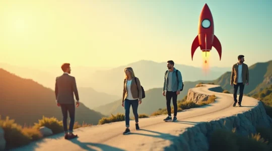 Illustration d'une feuille de route structurée montrant les étapes de création d'entreprise de A à Z avec des icônes représentant validation d'idée, finances, statut juridique et lancement.