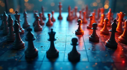 Illustration symbolique montrant un échiquier de marché avec des pièces positionnées stratégiquement, représentant la concurrence et les positions uniques en affaires.