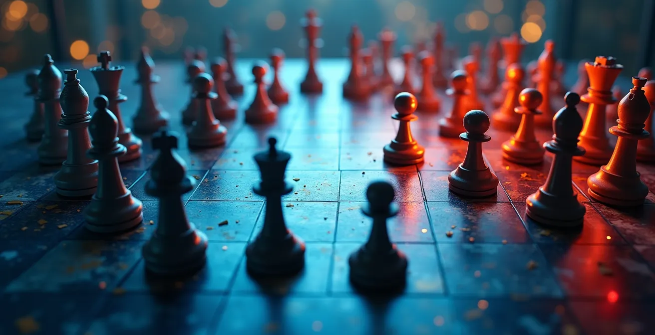 Illustration symbolique montrant un échiquier de marché avec des pièces positionnées stratégiquement, représentant la concurrence et les positions uniques en affaires.