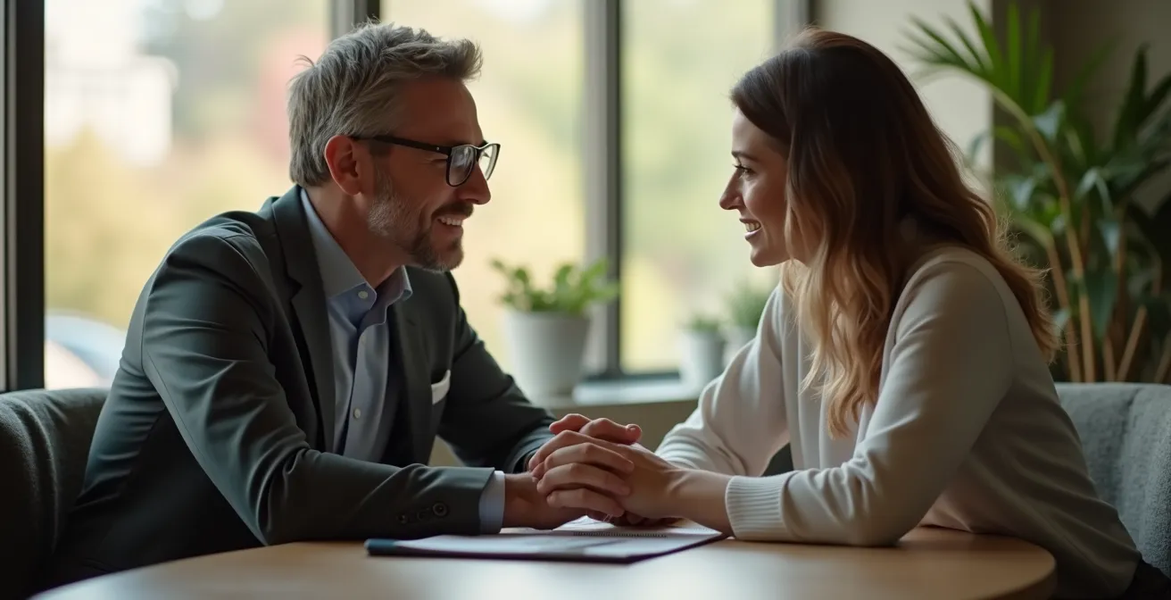 Un manager en conversation bienveillante avec un collaborateur, transmettant un feedback positif et constructif dans un climat de confiance.