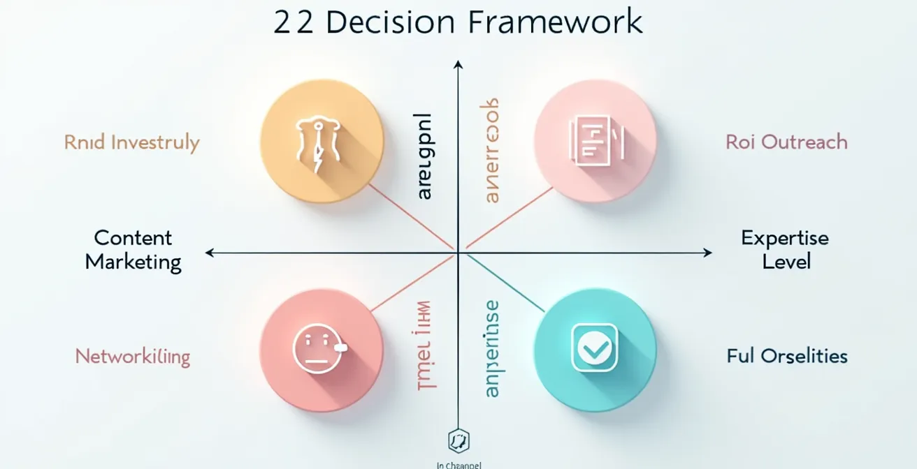 Matrice de sélection des canaux de prospection montrant ressources, timing, et expertise requise