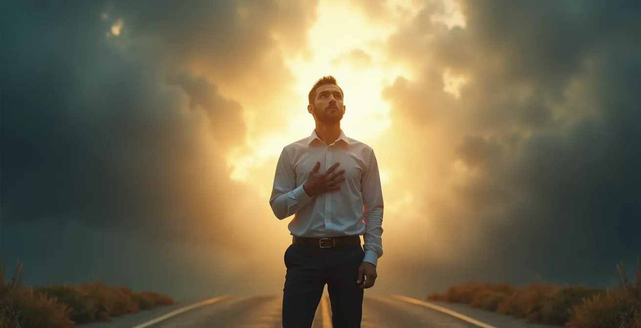 Un entrepreneur réfléchi dans une posture de confiance, navigant entre l'incertitude et la clarté stratégique.
