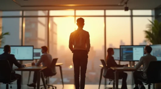 Un entrepreneur en transition, passant de l'action solo à la gestion d'équipe, symbolisant la métamorphose du leadership.