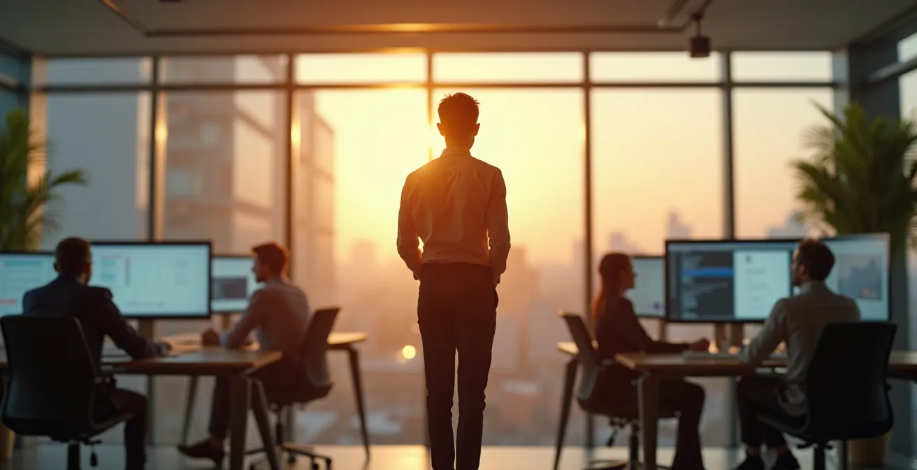 Un entrepreneur en transition, passant de l'action solo à la gestion d'équipe, symbolisant la métamorphose du leadership.