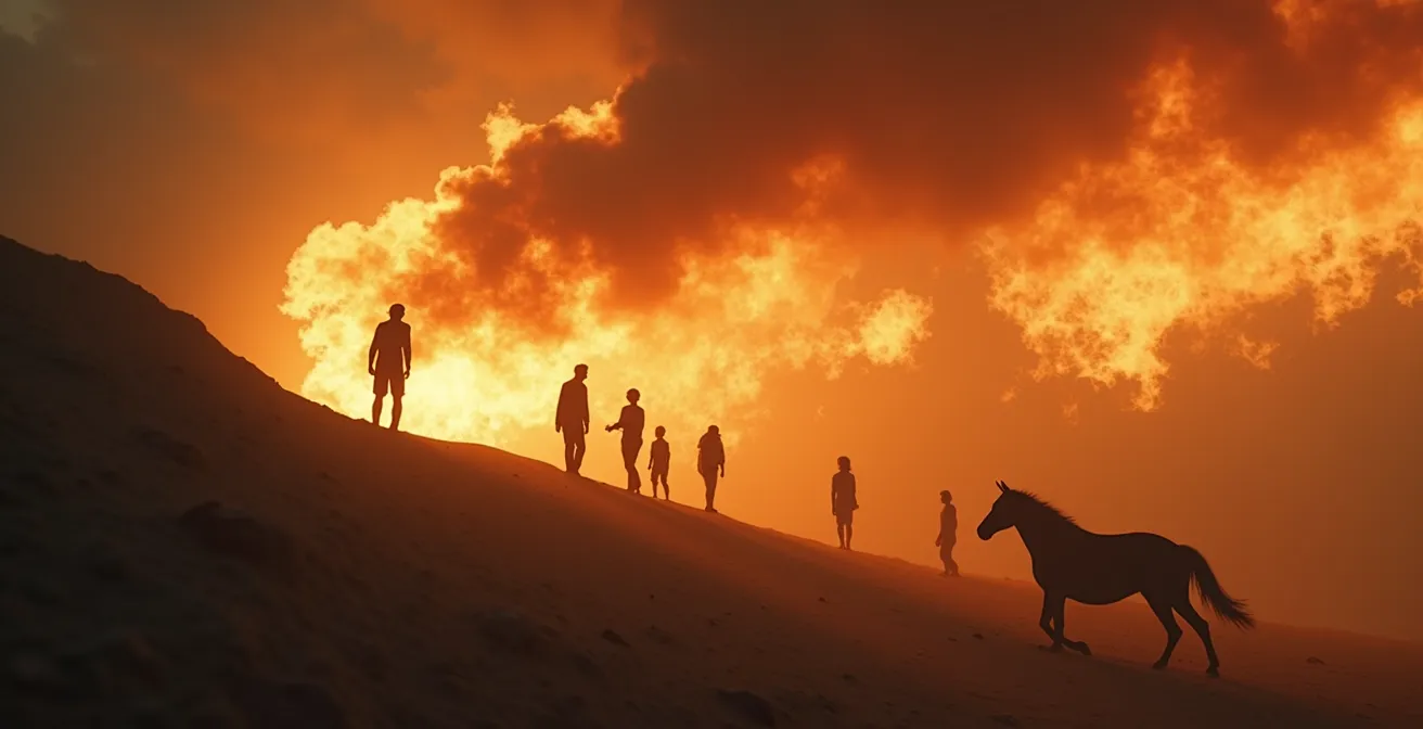 Illustration narrative montrant l'évolution d'une marque depuis son mythe fondateur jusqu'à sa transformation en symbole d'identité émotionnelle et d'authenticité.