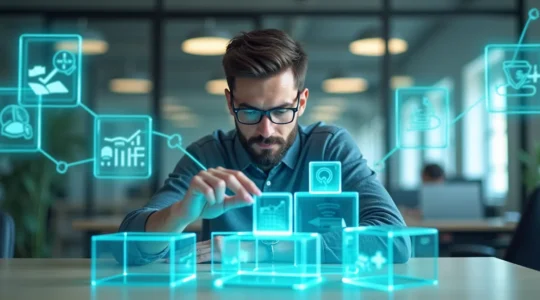 Entrepreneur analysant un tableau de validation de projet avec des briques d'entreprise et des éléments de risque