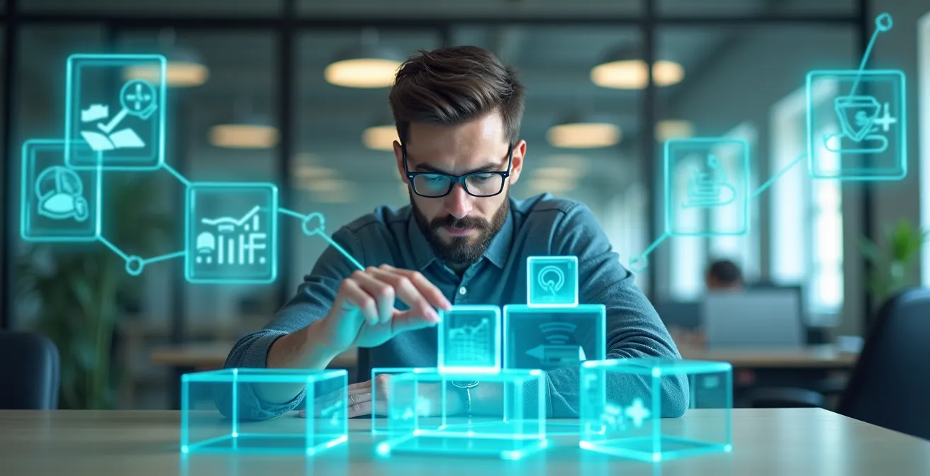 Entrepreneur analysant un tableau de validation de projet avec des briques d'entreprise et des éléments de risque