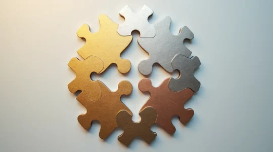 Illustration symbolique d'un puzzle financier avec pièces représentant les différents types de financement d'une création d'entreprise