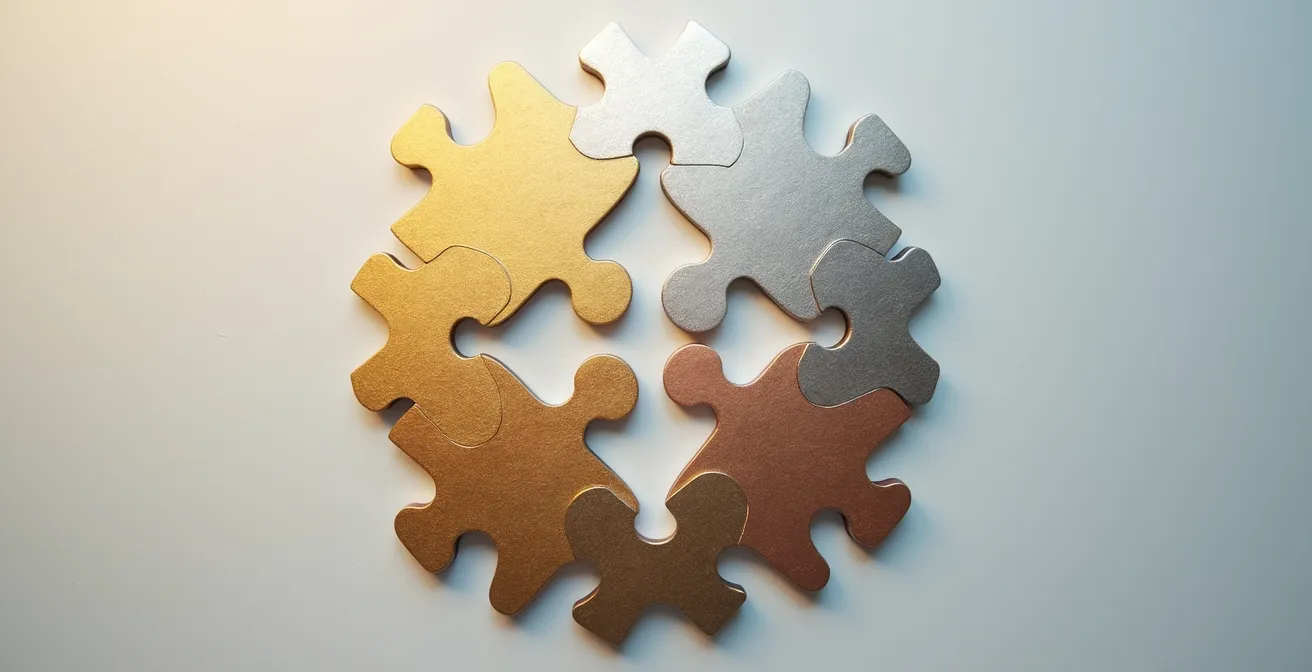 Illustration symbolique d'un puzzle financier avec pièces représentant les différents types de financement d'une création d'entreprise