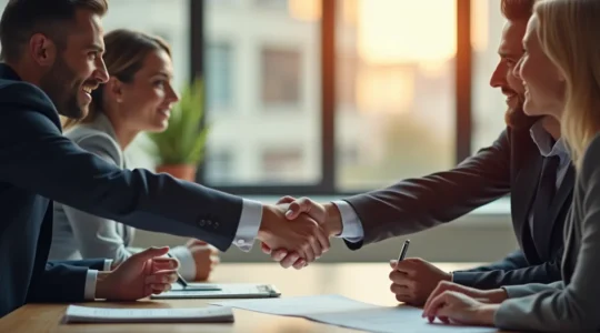 Représentation symbolique d'associés en SARL travaillant ensemble autour d'une table avec des contrats et des symboles de sécurité