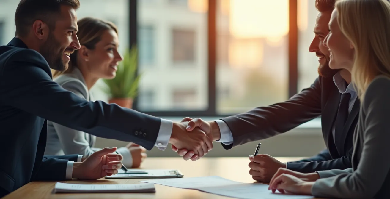 Représentation symbolique d'associés en SARL travaillant ensemble autour d'une table avec des contrats et des symboles de sécurité