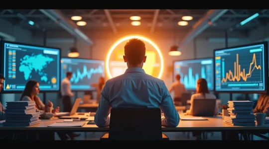 Fondateur entouré de symboles de gestion d'entreprise - KPIs, documentation, trésorerie, clients et culture - représentant les piliers de la première année entrepreneuriale