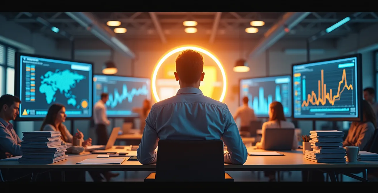 Fondateur entouré de symboles de gestion d'entreprise - KPIs, documentation, trésorerie, clients et culture - représentant les piliers de la première année entrepreneuriale