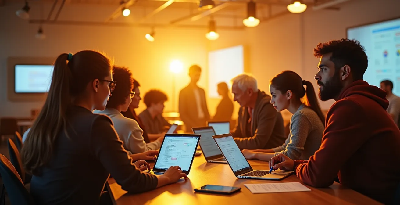 Entrepreneur testant un concept minimal auprès de clients potentiels avec des interfaces simplifiées et des retours utilisateurs