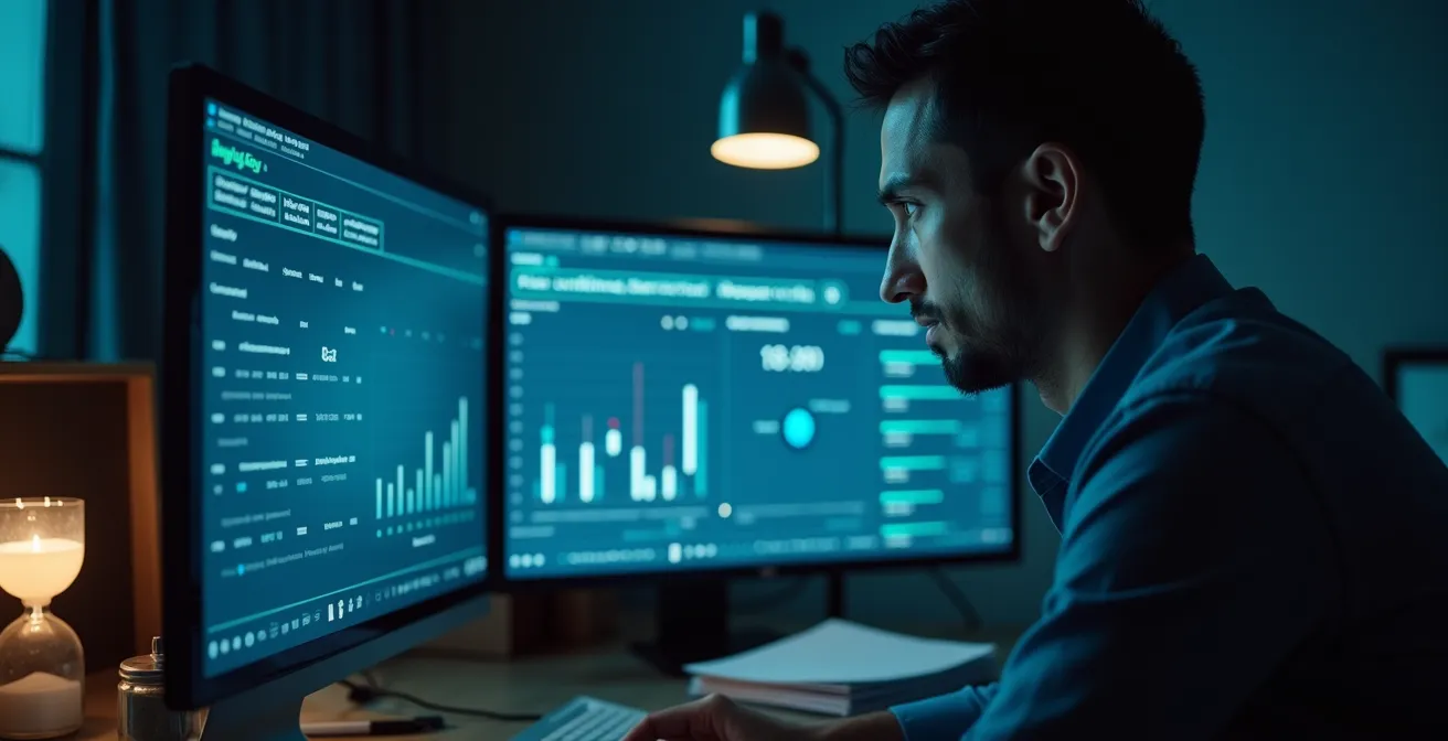 Fondateur scrutant des graphiques de trésorerie, tableau de bord lumineux montrant flux entrants et sortants, surveillance hebdomadaire critique