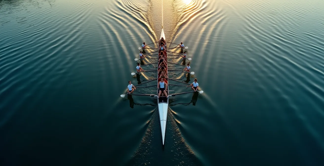 Vue aérienne d'une équipe d'aviron parfaitement synchronisée, symbolisant l'alignement stratégique