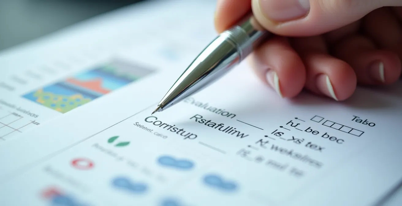 Vue macro sur une main tenant un stylo au-dessus d'une grille d'évaluation floue avec des cases cochées et des graphiques abstraits