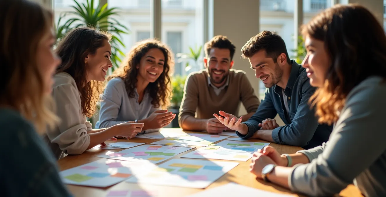 Atelier collaboratif de vision stratégique avec équipe diversifiée travaillant autour d'une table
