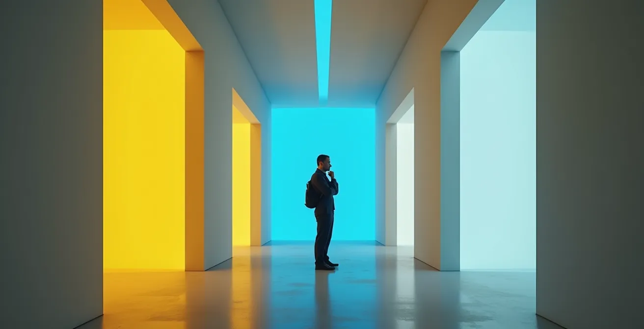 Entrepreneur réfléchissant face à plusieurs chemins symbolisant les choix de franchise