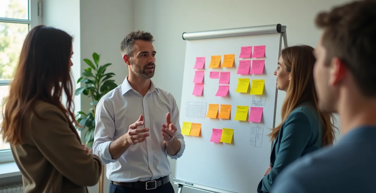 Équipe travaillant autour d'un grand tableau blanc avec des post-it colorés représentant les 9 blocs du Business Model Canvas