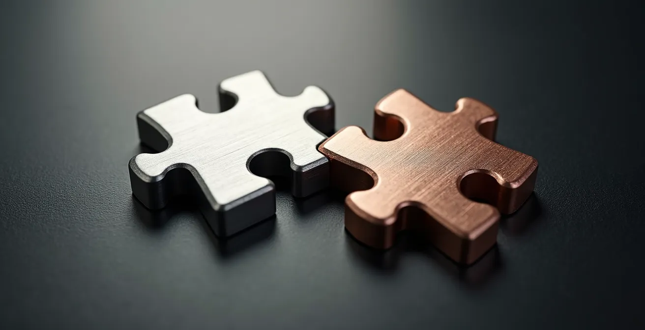 Vue macro de pièces de puzzle s'emboîtant parfaitement avec des textures métalliques différentes