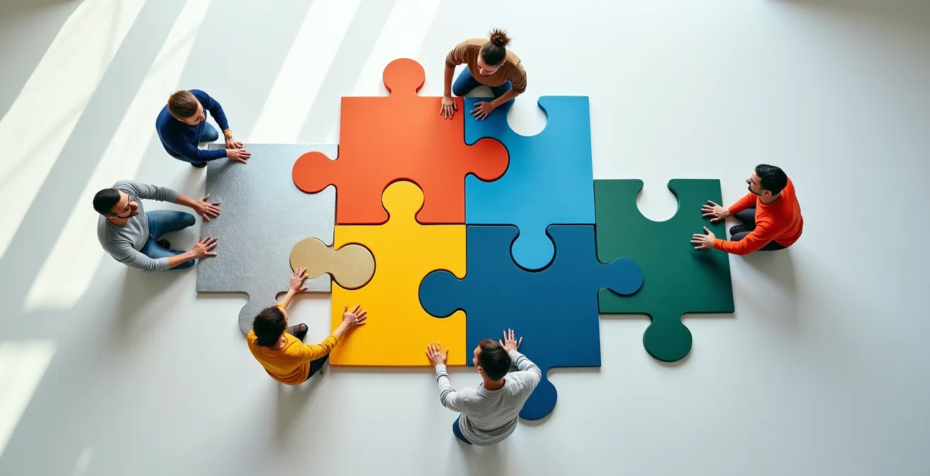 Vue aérienne de quatre personnes assemblant un puzzle géant représentant des compétences complémentaires
