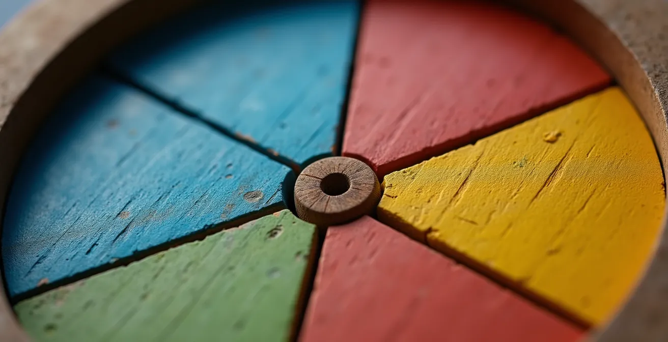 Vue macro d'une roue en bois avec quatre sections colorées représentant les phases PDCA en rotation continue