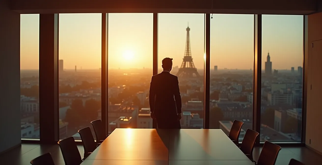 Dirigeant seul dans son bureau face à une décision stratégique importante