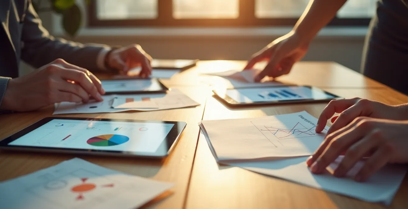 Espace de travail moderne montrant la documentation collaborative avec des professionnels partageant des informations