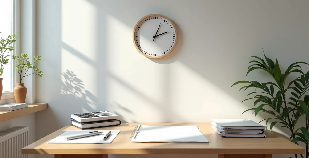 Bureau organisé avec documents fiscaux et calculatrice, ambiance professionnelle