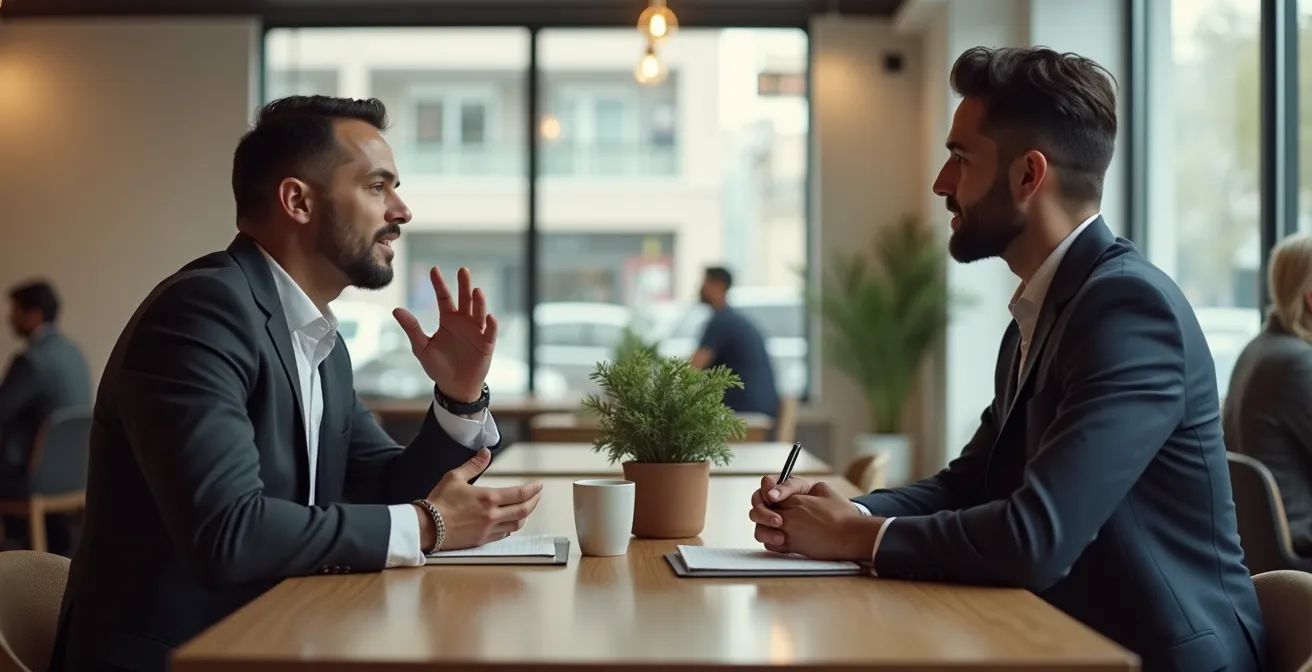 Deux professionnels échangeant dans un cadre informel autour d'un café