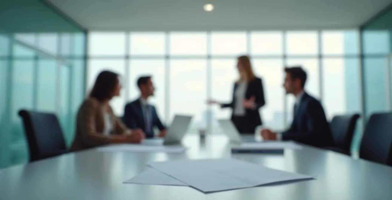 Échange professionnel dans un bureau moderne avec deux personnes en discussion, documents flous sur la table