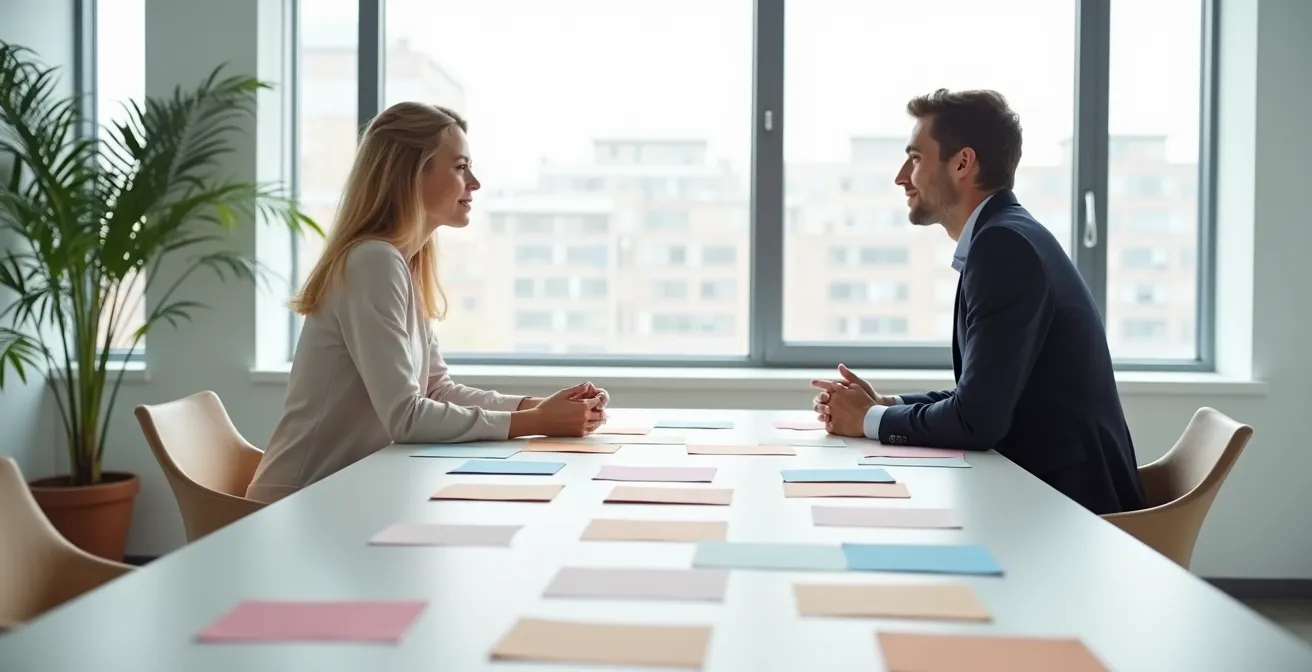 Manager et collaborateur en discussion constructive avec supports visuels abstraits