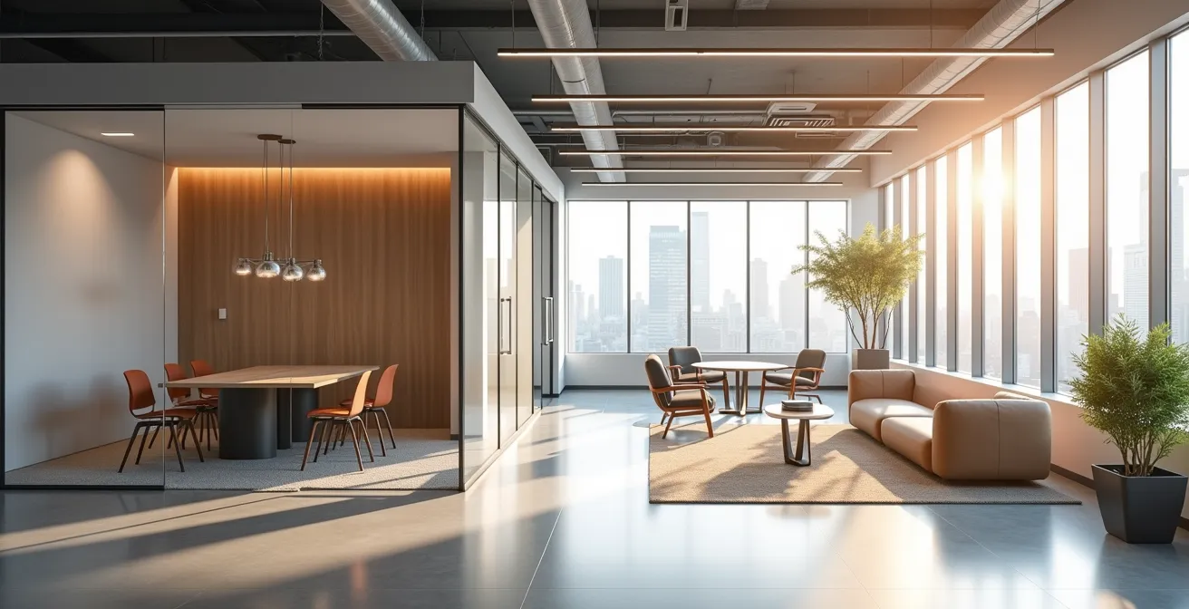 Espace de bureau moderne avec séparation visuelle claire entre zones de travail professionnelles