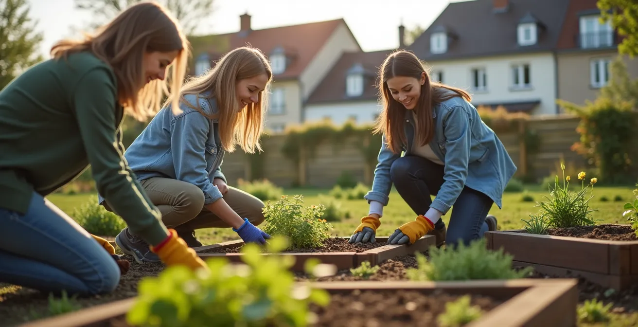 Équipe d'entreprise participant à une activité solidaire dans un jardin communautaire français