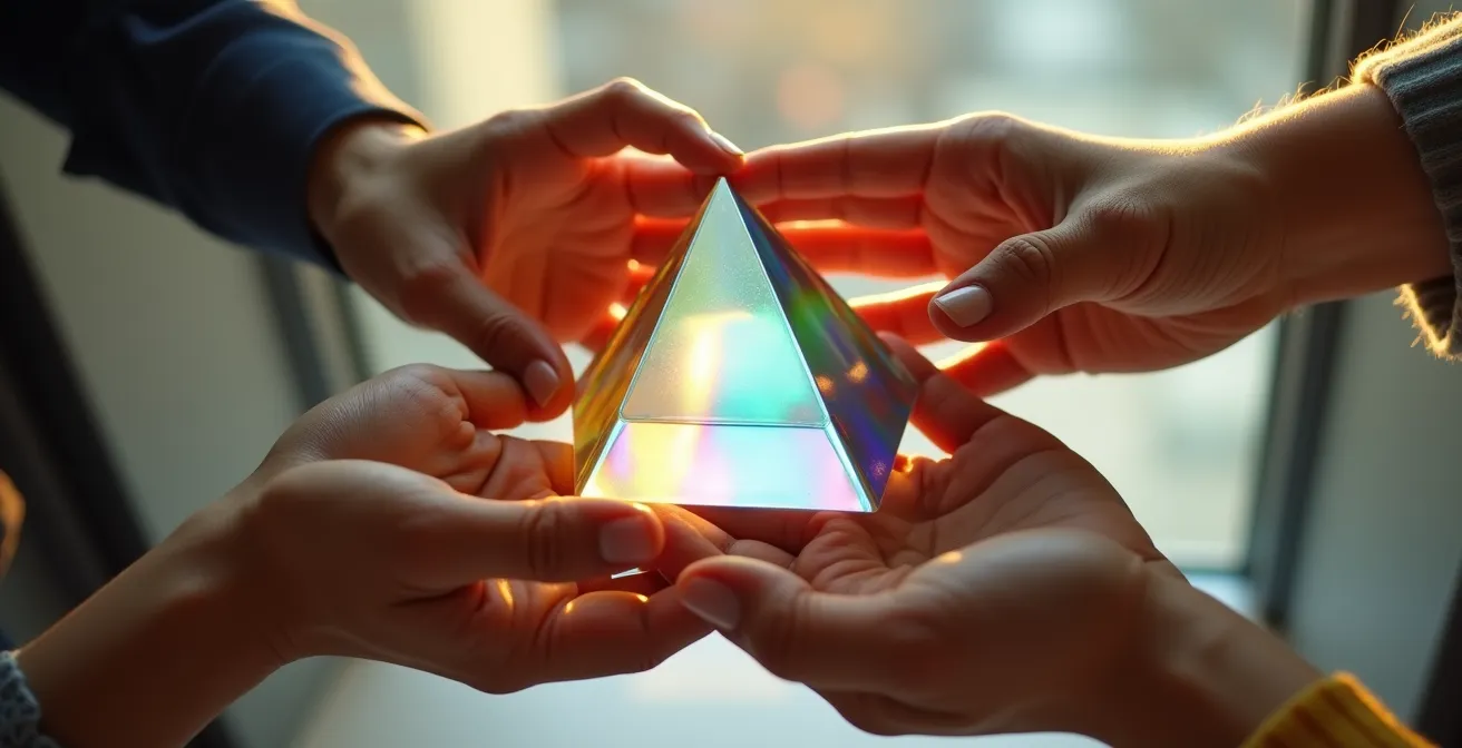 Objet symbolique représentant la vision d'entreprise tenu par des mains d'équipe